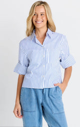 Cropped Poplin Shirt-Blue Stripe