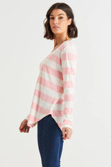 Megan Long Sleeve Basic Top Pink Stripe