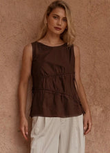 Elin Gathered Tie Top- Chocolate