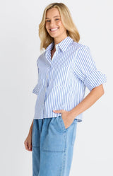 Cropped Poplin Shirt-Blue Stripe