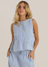 Aziza GatheredTie Top-Blue/White Stripe