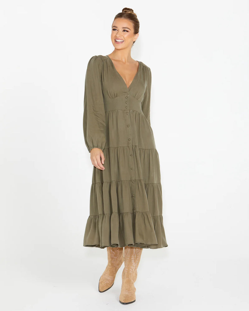 Charity Tiered Midi Dress Khaki