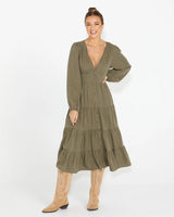 Charity Tiered Midi Dress Khaki