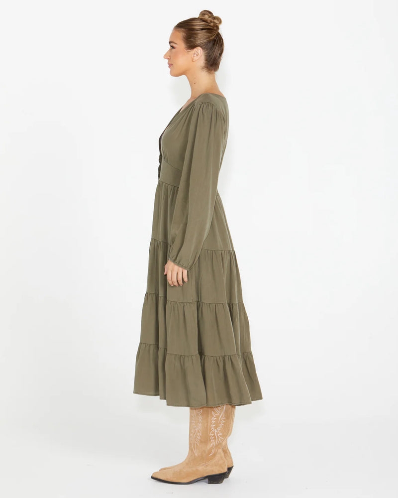 Charity Tiered Midi Dress Khaki