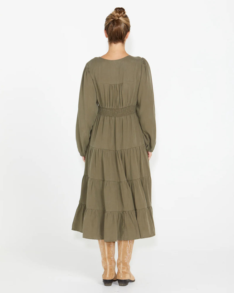 Charity Tiered Midi Dress Khaki