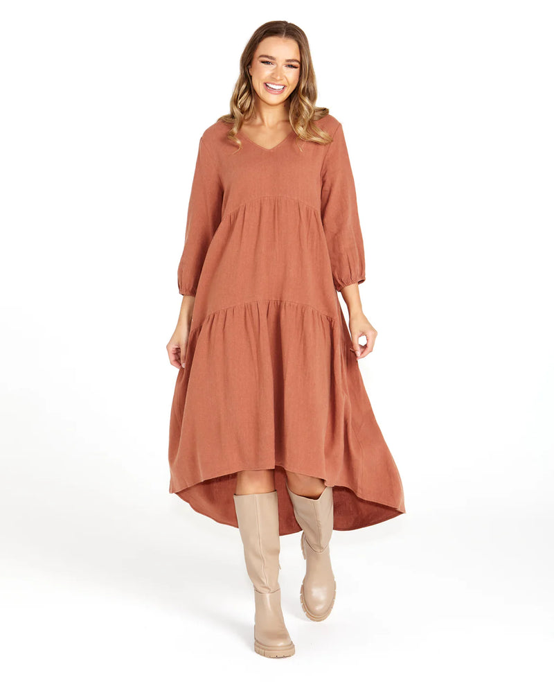 Bridie Tiered Midi Dress Rosewood