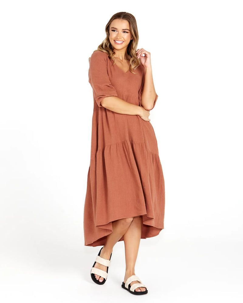 Bridie Tiered Midi Dress Rosewood