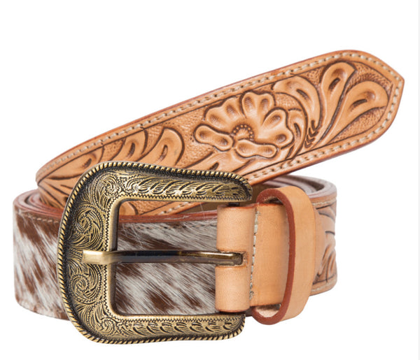 Cowhide and Tooled Leather Belt Tan