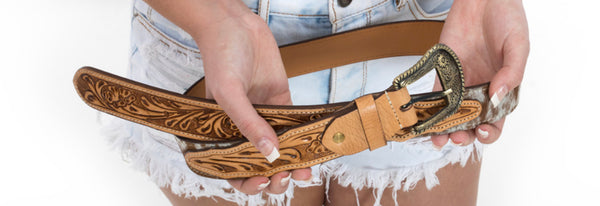 Cowhide and Tooled Leather Belt Tan